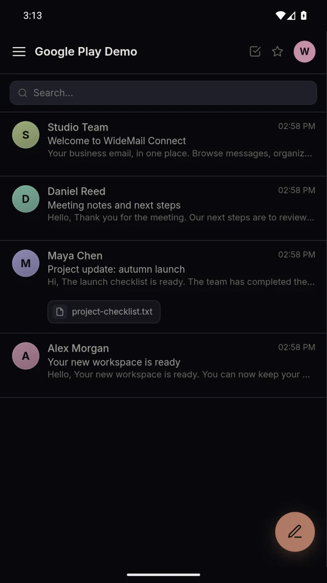 The WideMail Android inbox, showing fictional demo conversations